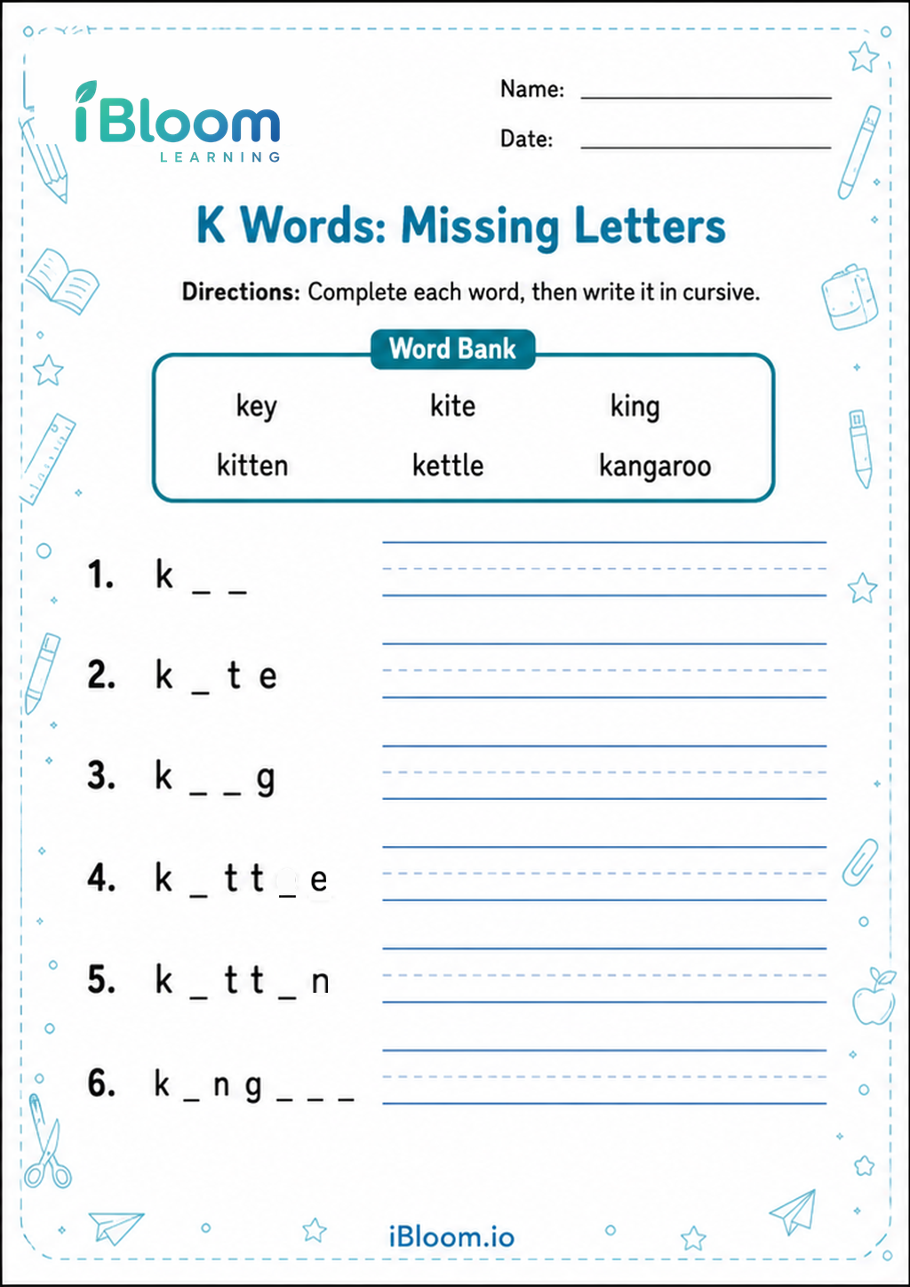 Preview page 1 of K Words: Missing Letters