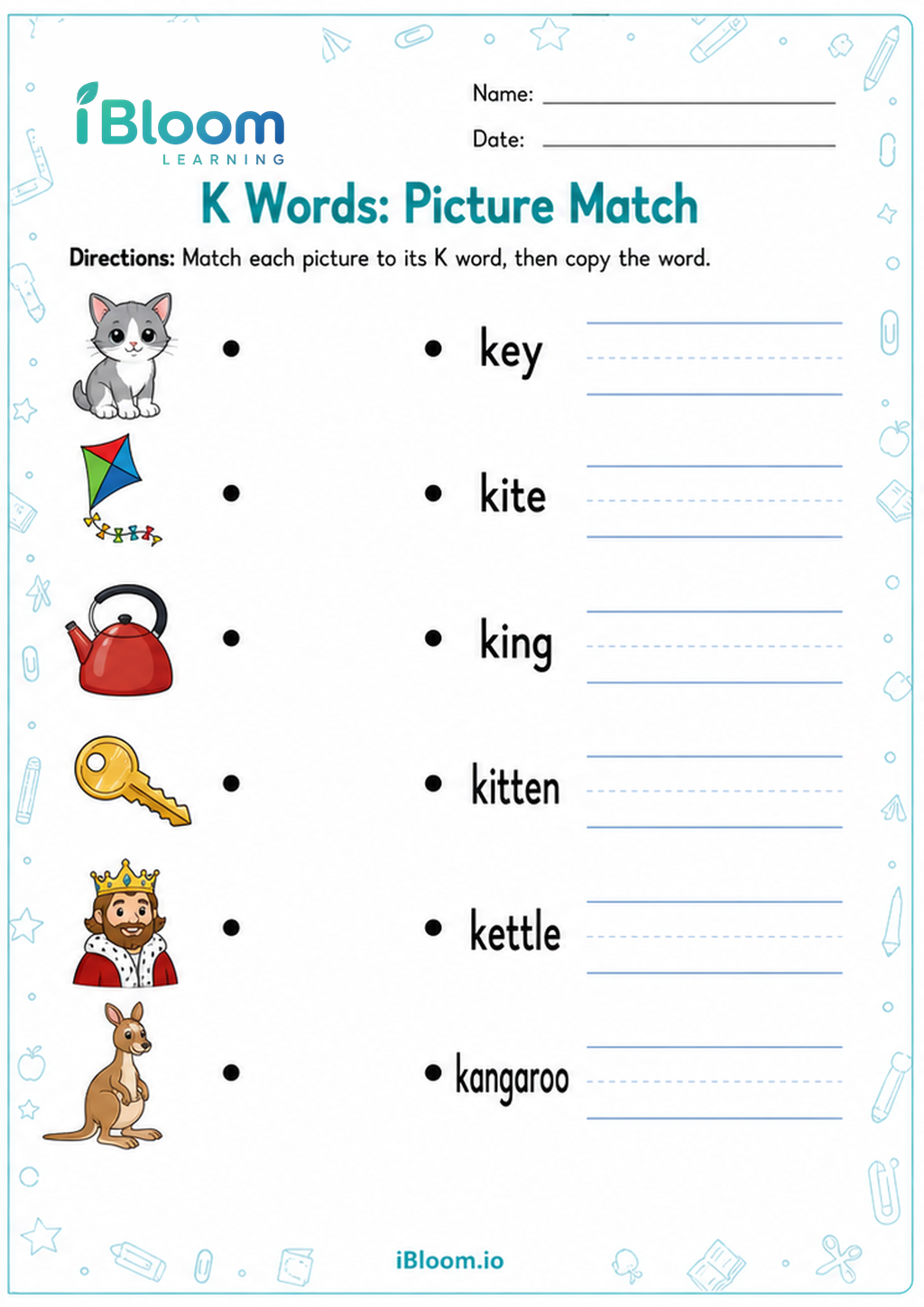 K Words: Picture Match printable Class 2 cursive worksheet