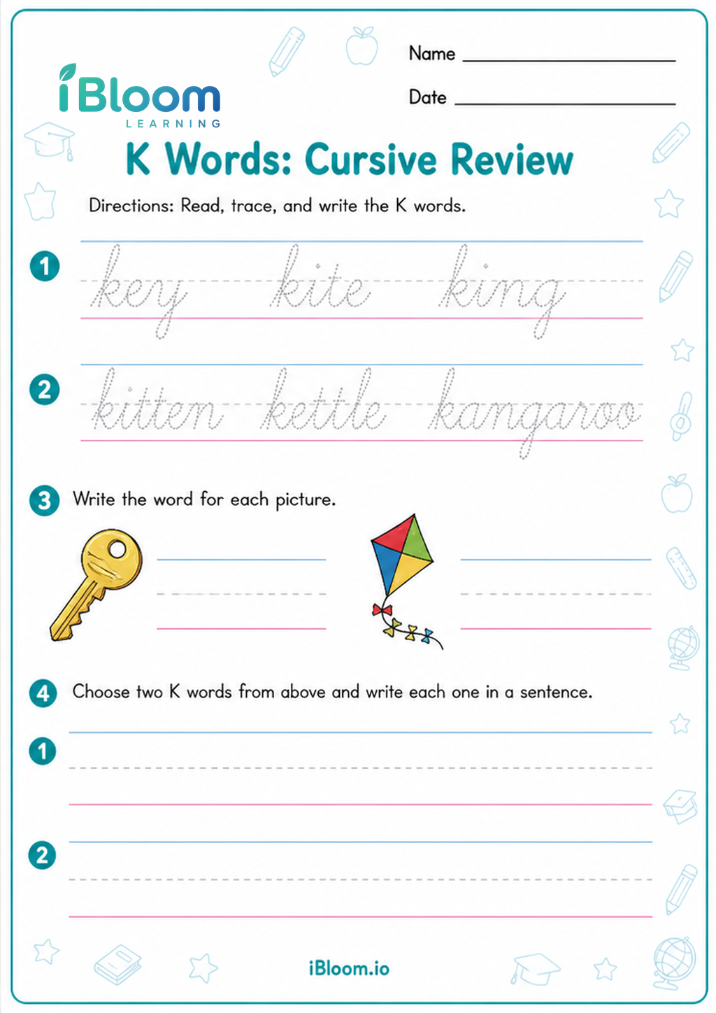 Preview page 1 of K Words: Cursive Review