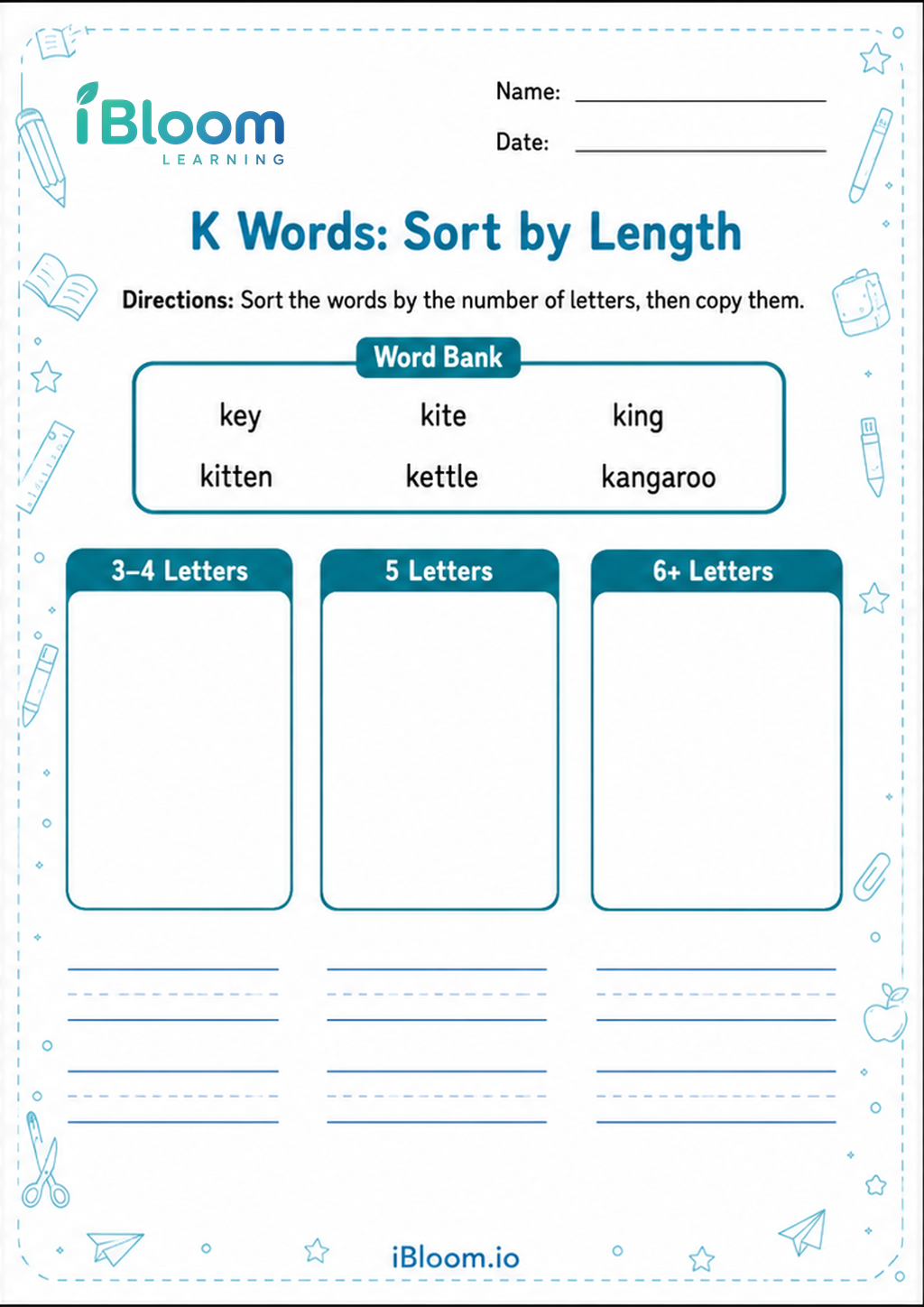 Preview of K Words: Sort by Length worksheet