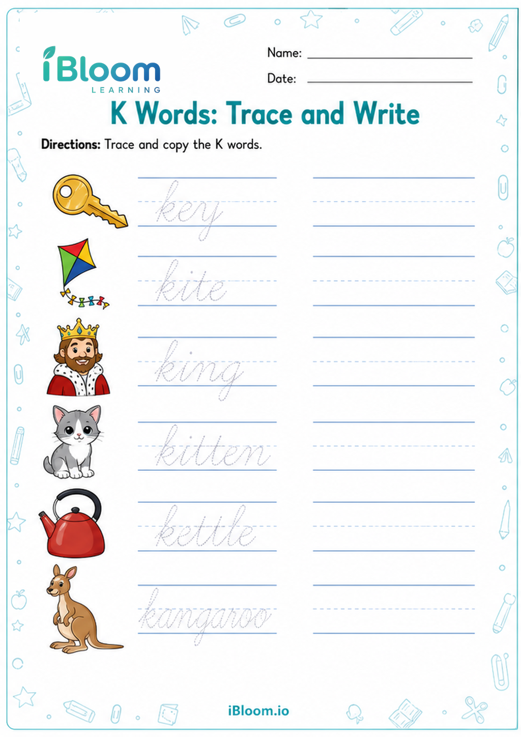 Preview of K Words: Trace and Write worksheet