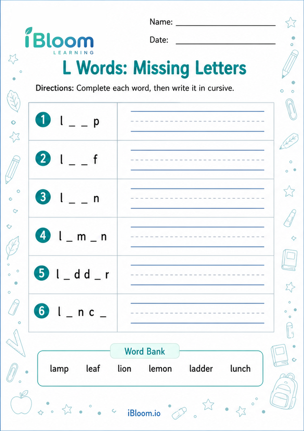 L Words: Missing Letters printable Class 2 cursive worksheet