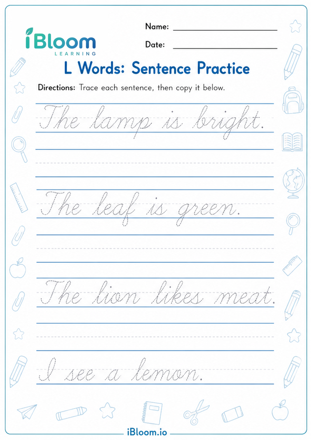 Preview of L Words: Sentence Practice worksheet