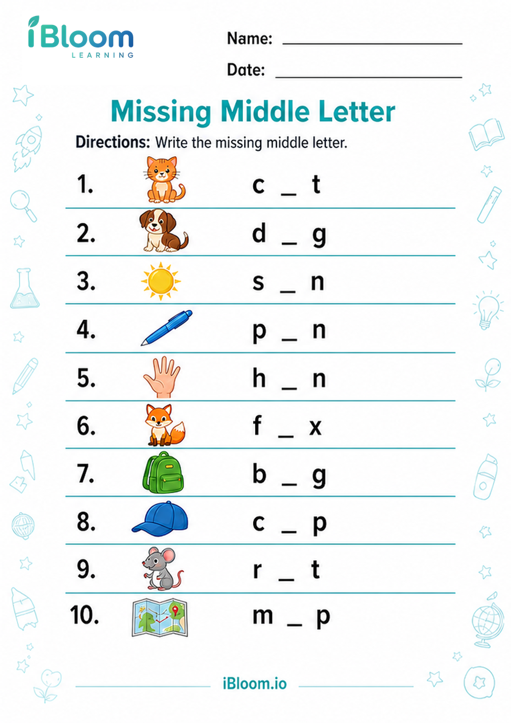 Missing Middle Letter printable Class 1 worksheet