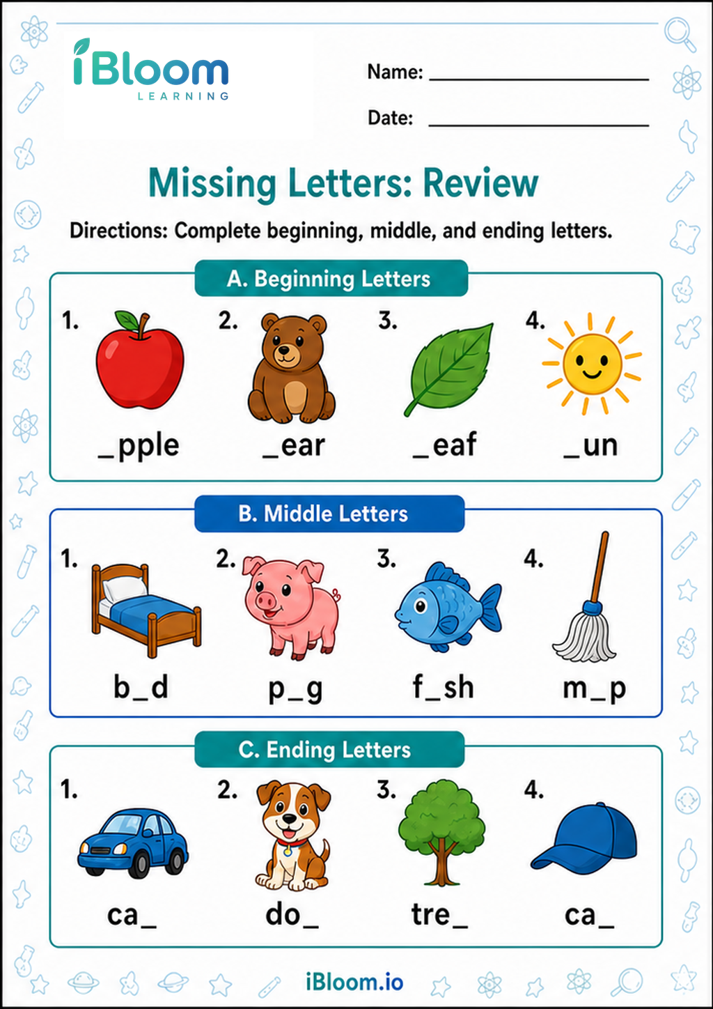 Preview of Missing Letters: Review worksheet