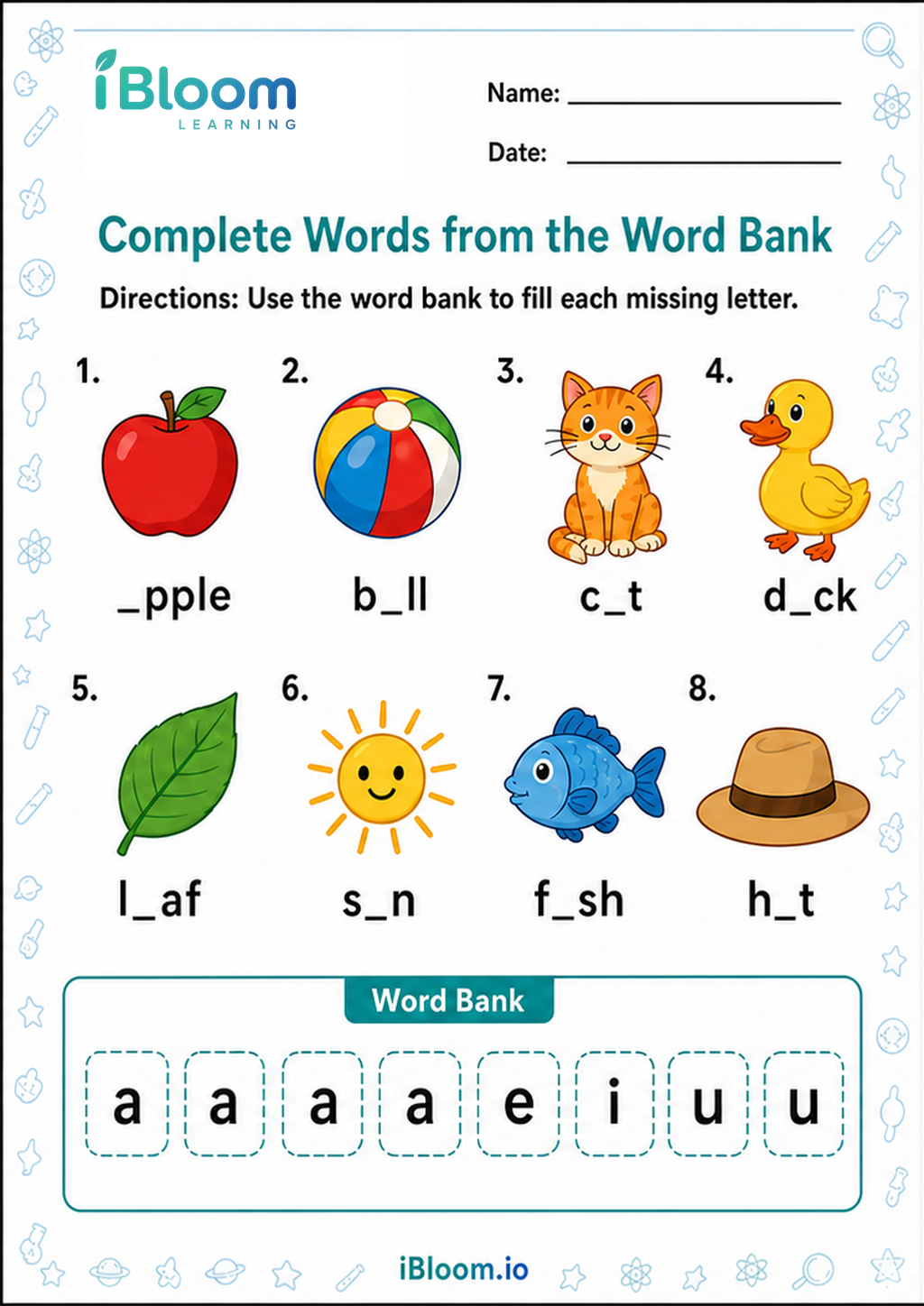 Preview of Complete Words from the Word Bank worksheet