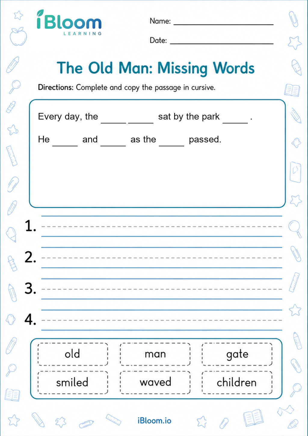 The Old Man: Missing Words printable Class 2 cursive worksheet