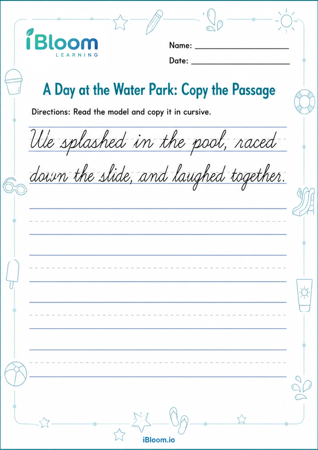 Preview of A Day at the Water Park: Copy the Passage worksheet