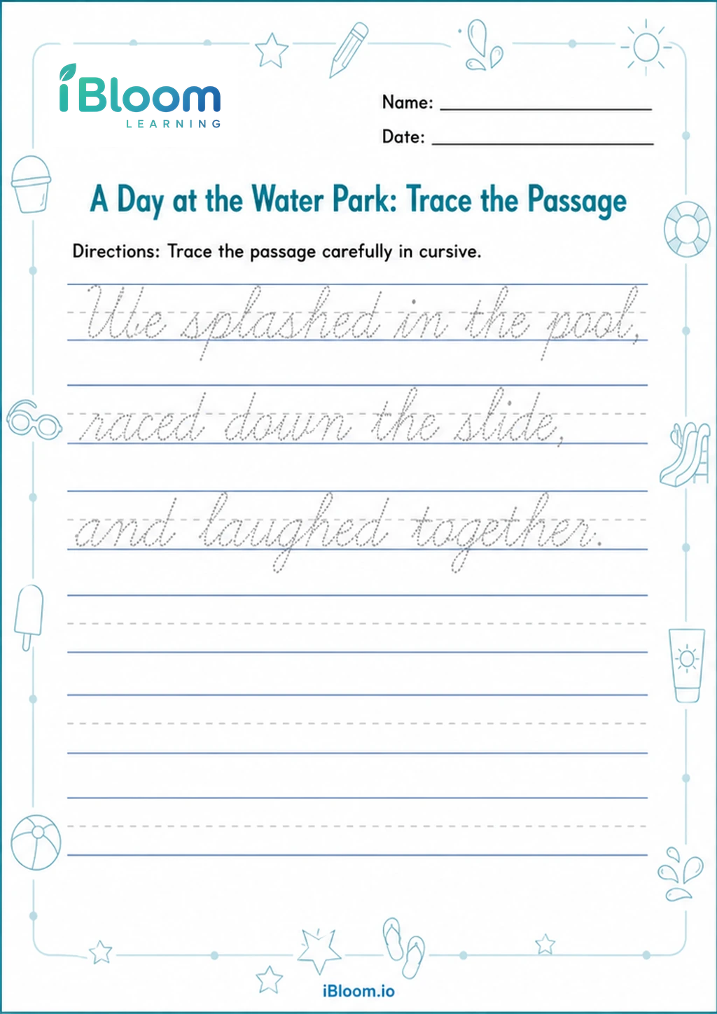 Preview of A Day at the Water Park: Trace the Passage worksheet