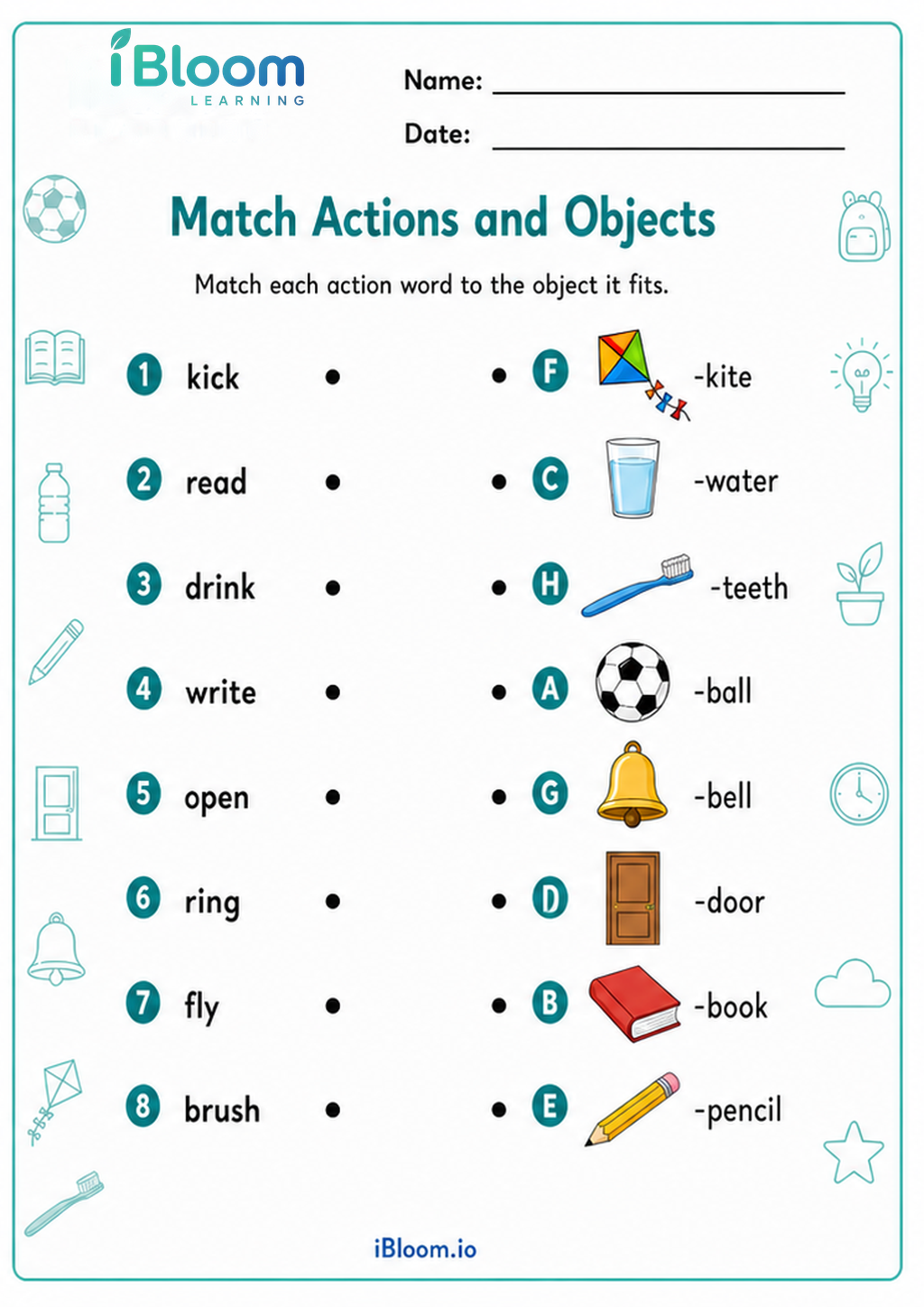 Preview of Match Actions and Objects worksheet
