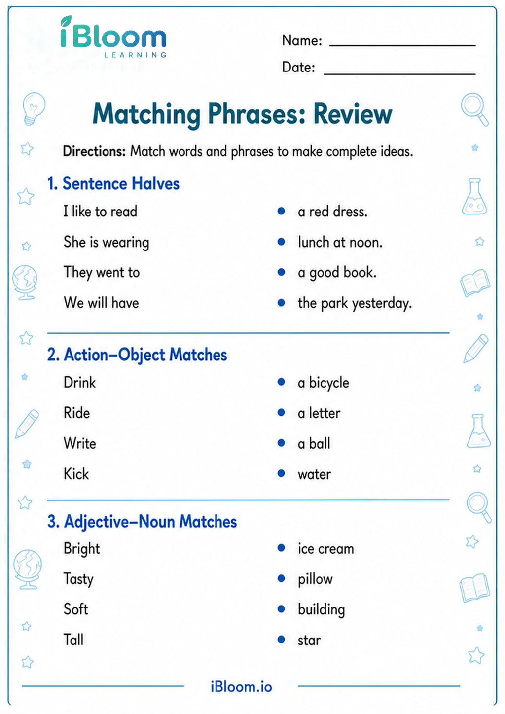 Matching Phrases: Review printable Class 2 worksheet