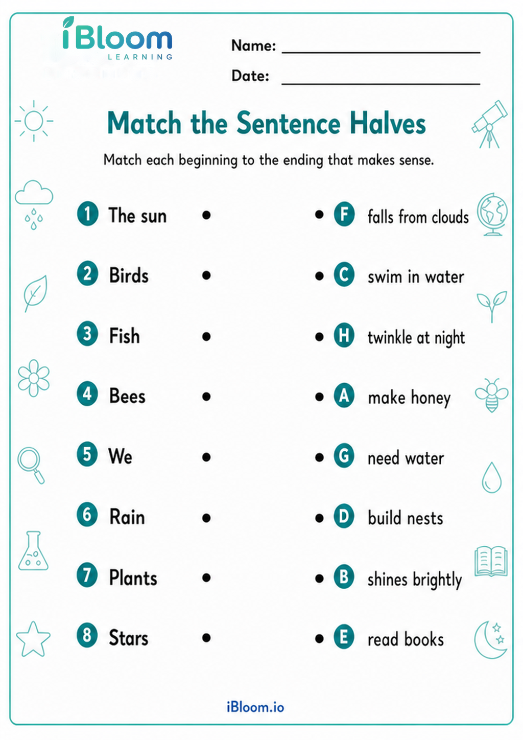 Match the Sentence Halves printable Class 2 worksheet