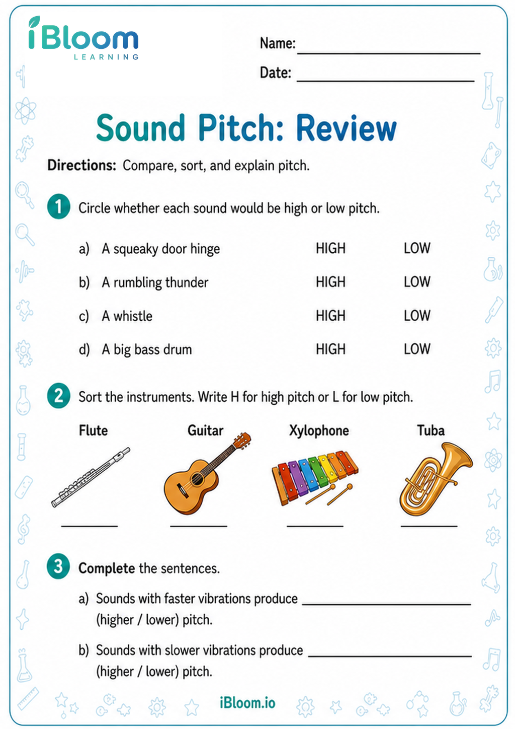 Preview of Sound Pitch: Review worksheet