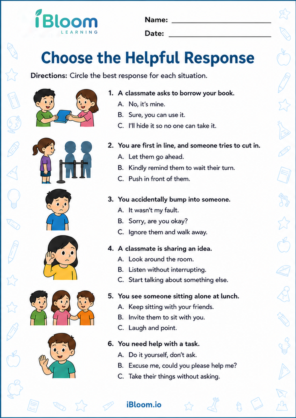 Choose the Helpful Response printable Class 3 worksheet