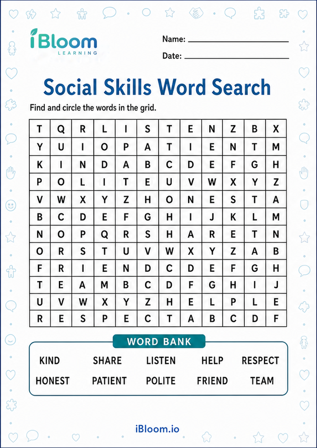Preview of Social Skills Word Search worksheet