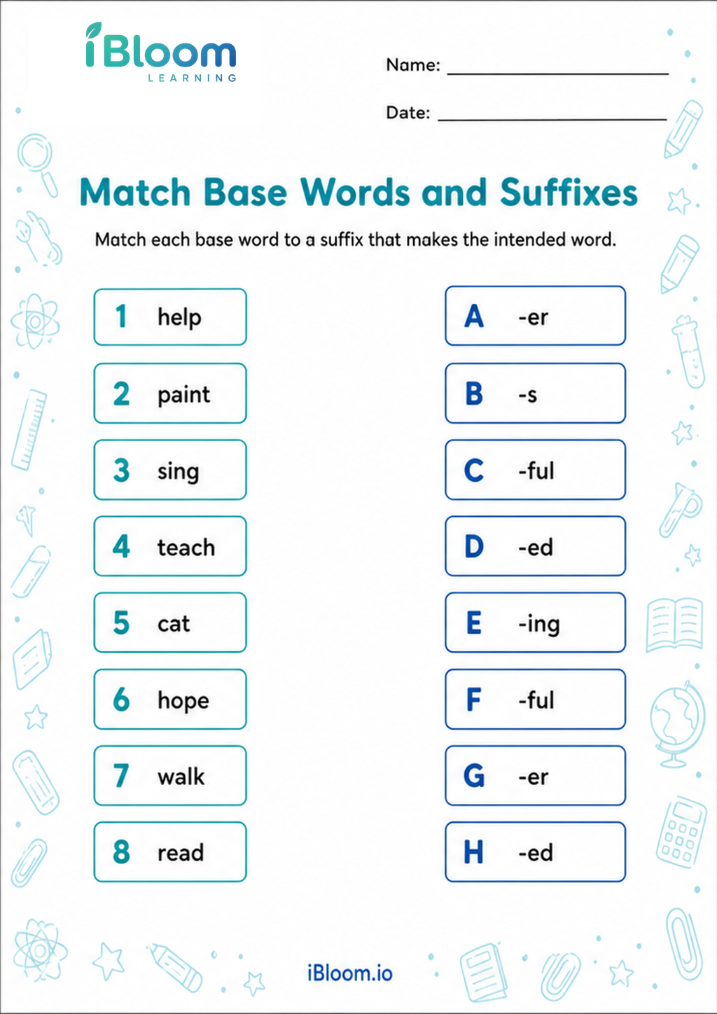 Match Base Words and Suffixes printable Class 1 worksheet