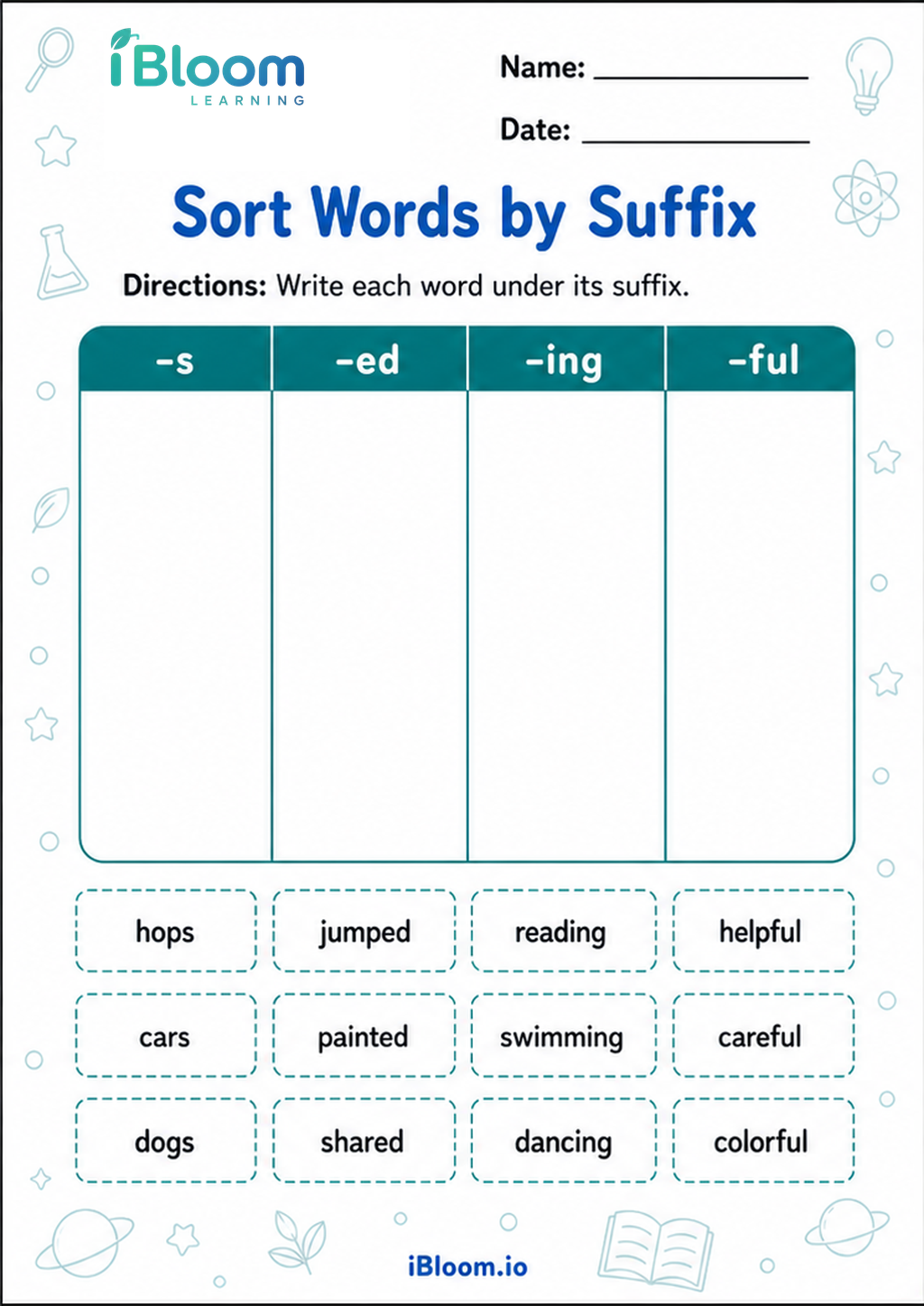 Sort Words by Suffix printable Class 1 worksheet
