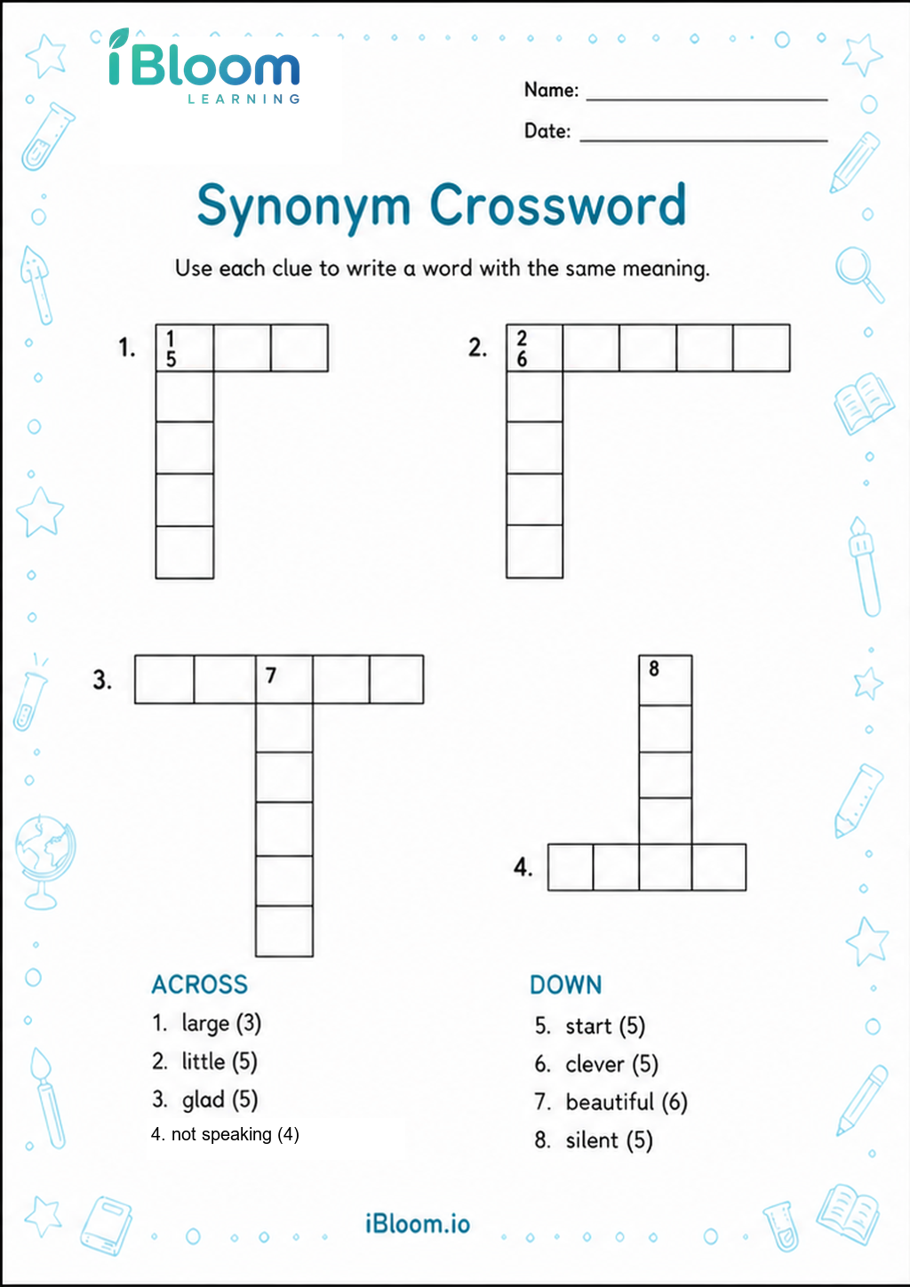 Synonym Crossword printable Class 1 worksheet