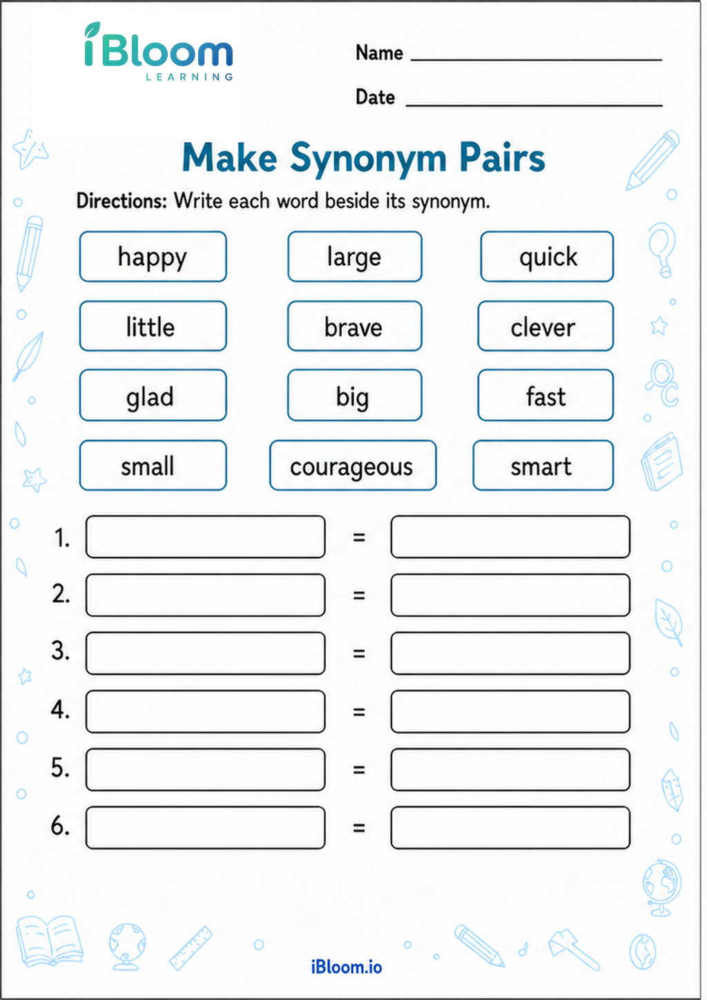 Make Synonym Pairs printable Class 1 worksheet
