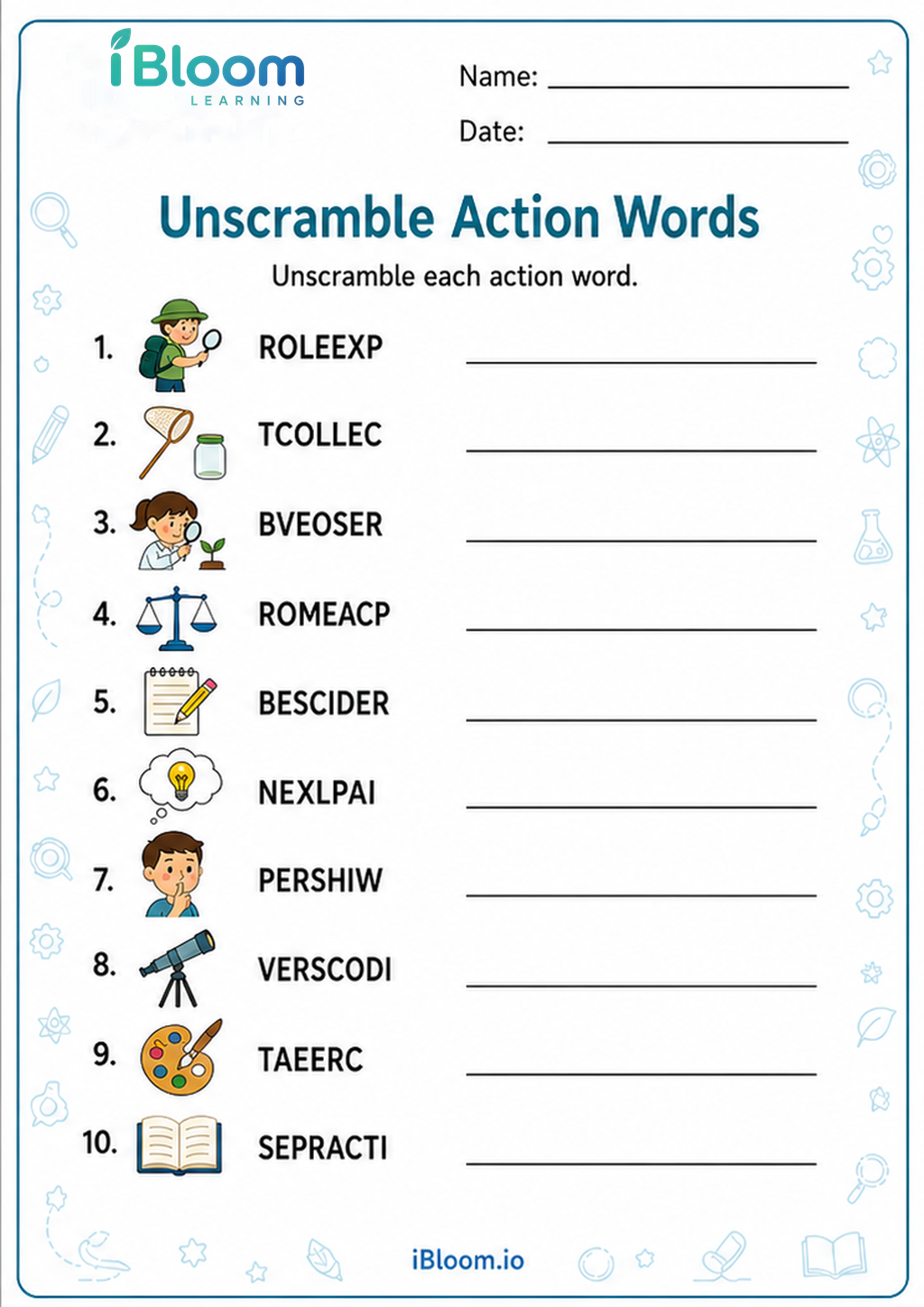 Unscramble Action Words printable Class 4 worksheet