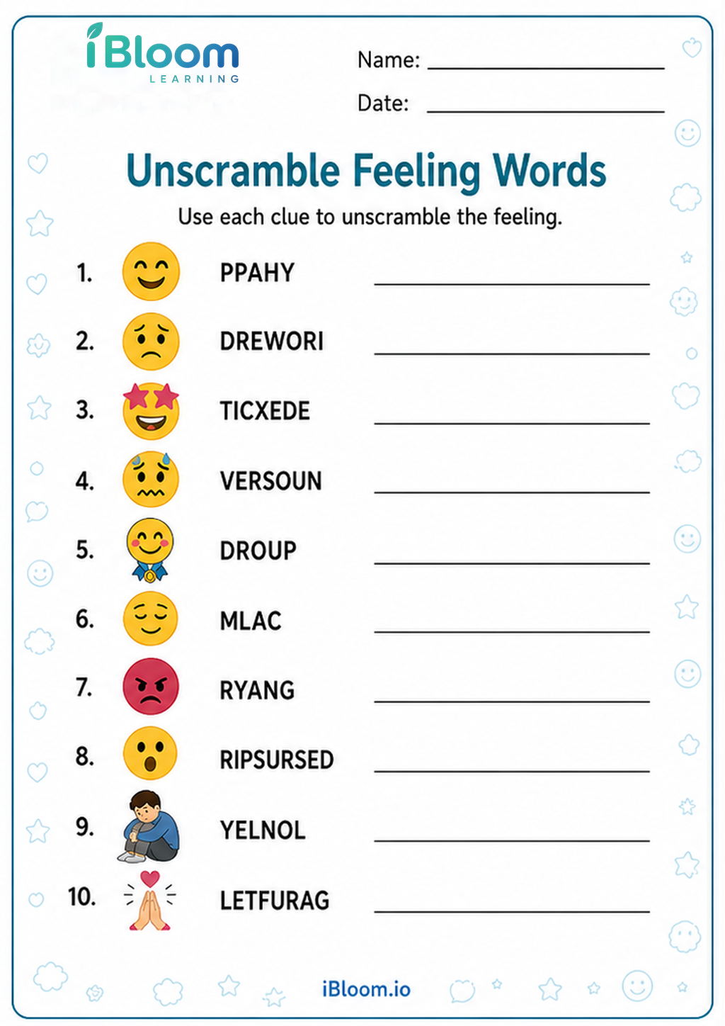 Preview of Unscramble Feeling Words worksheet
