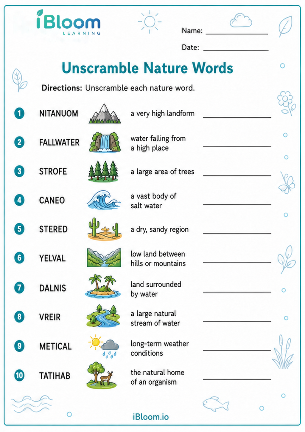 Preview of Unscramble Nature Words worksheet