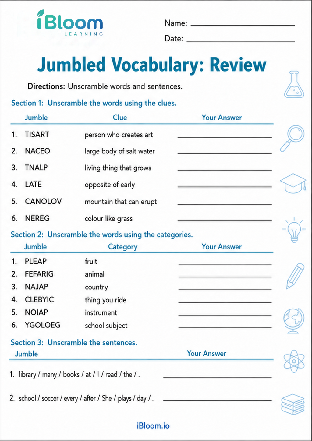 Preview of Jumbled Vocabulary: Review worksheet