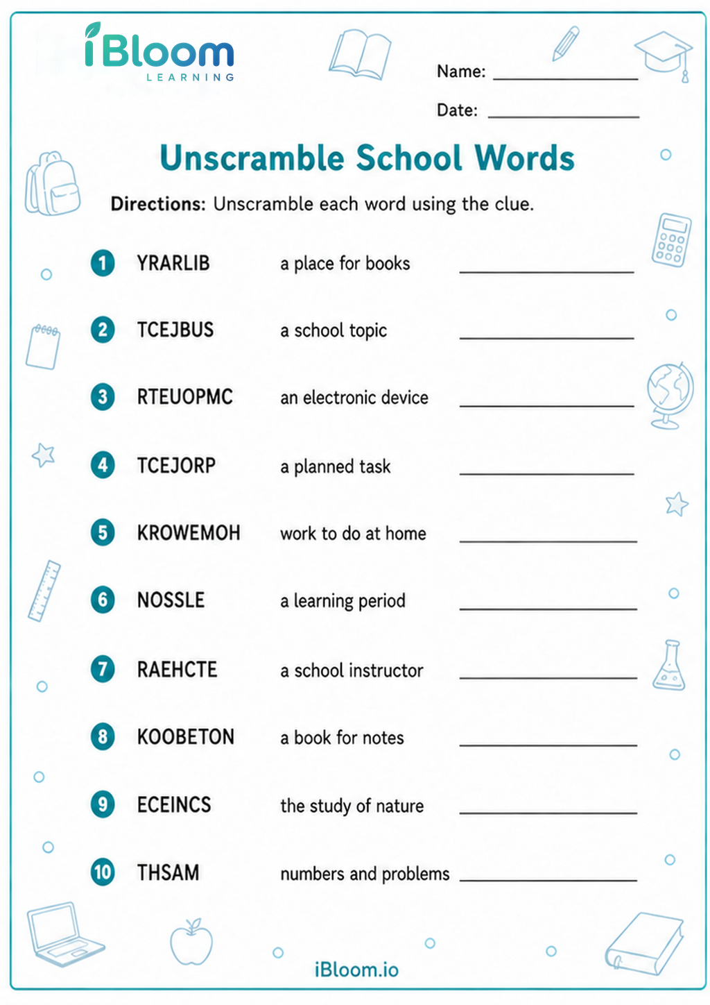 Preview of Unscramble School Words worksheet