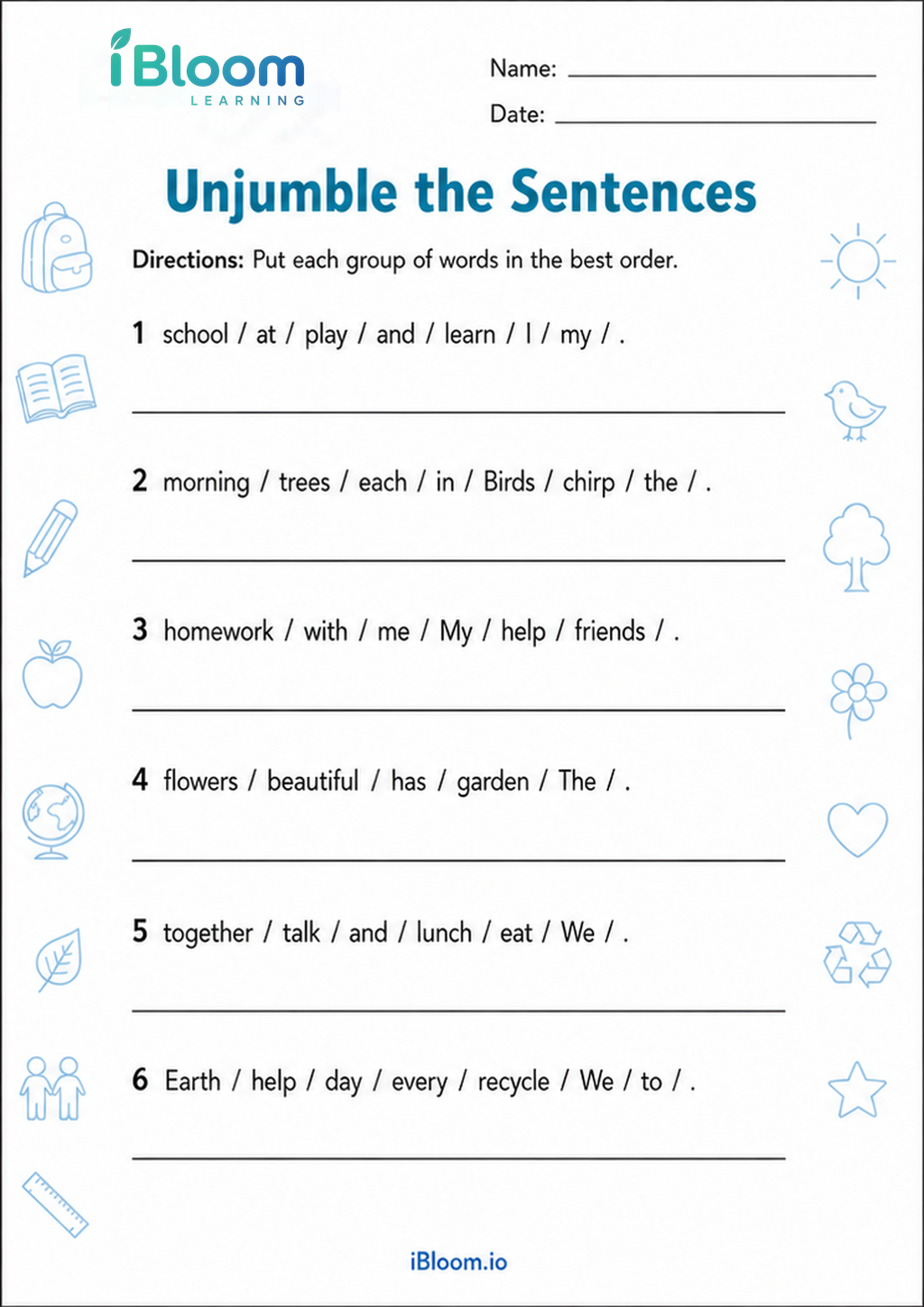Unjumble the Sentences printable Class 4 worksheet
