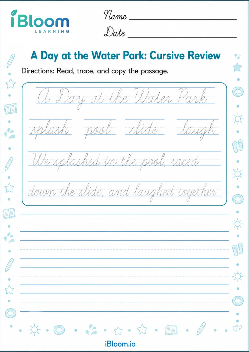 Preview of A Day at the Water Park: Cursive Review worksheet