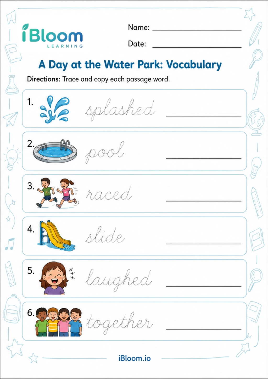 Preview of A Day at the Water Park: Vocabulary worksheet