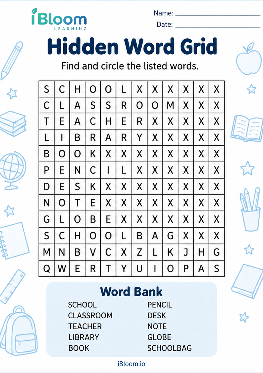 Preview page 1 of Hidden Word Grid
