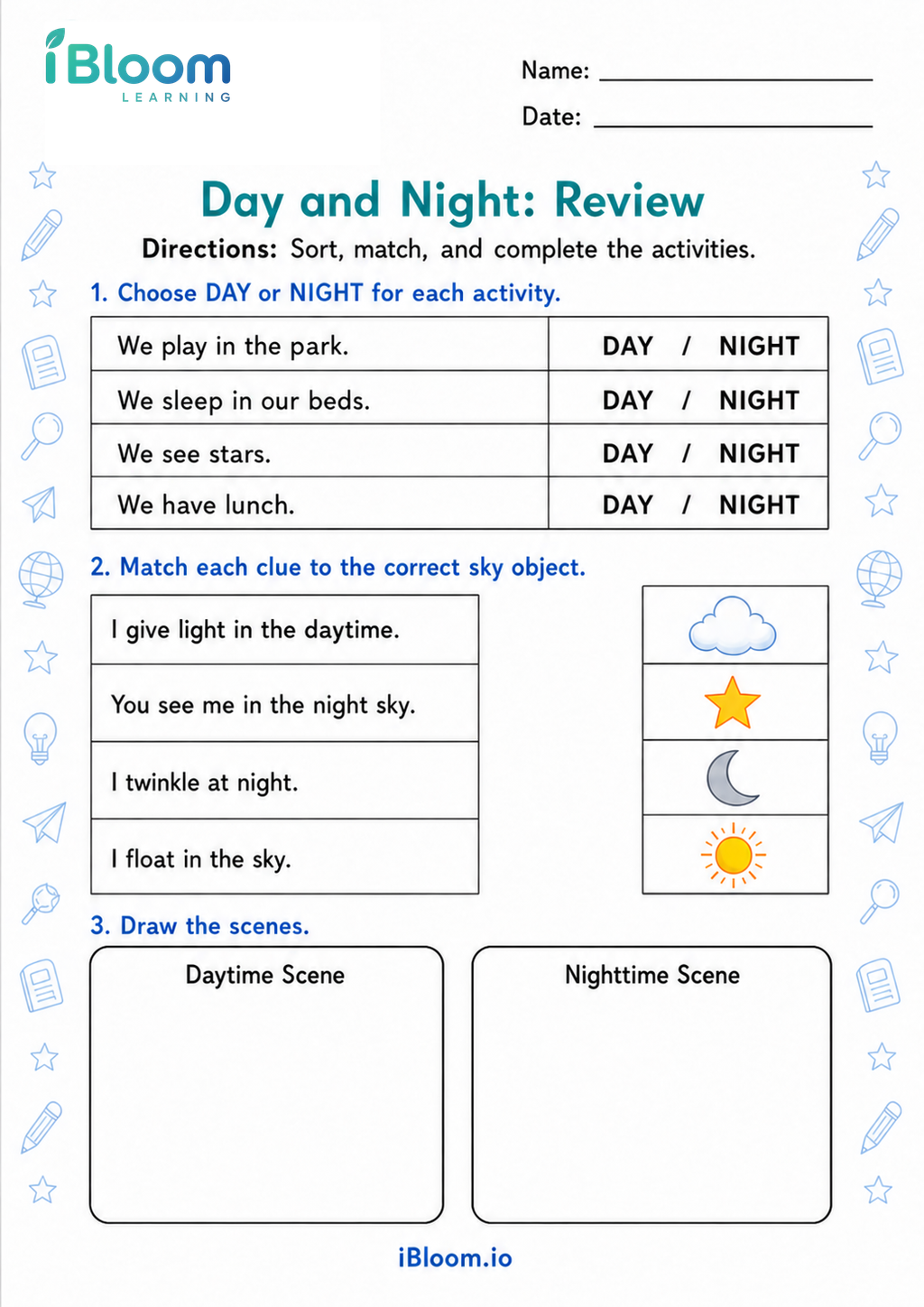 Day and Night: Review printable Class 1 worksheet