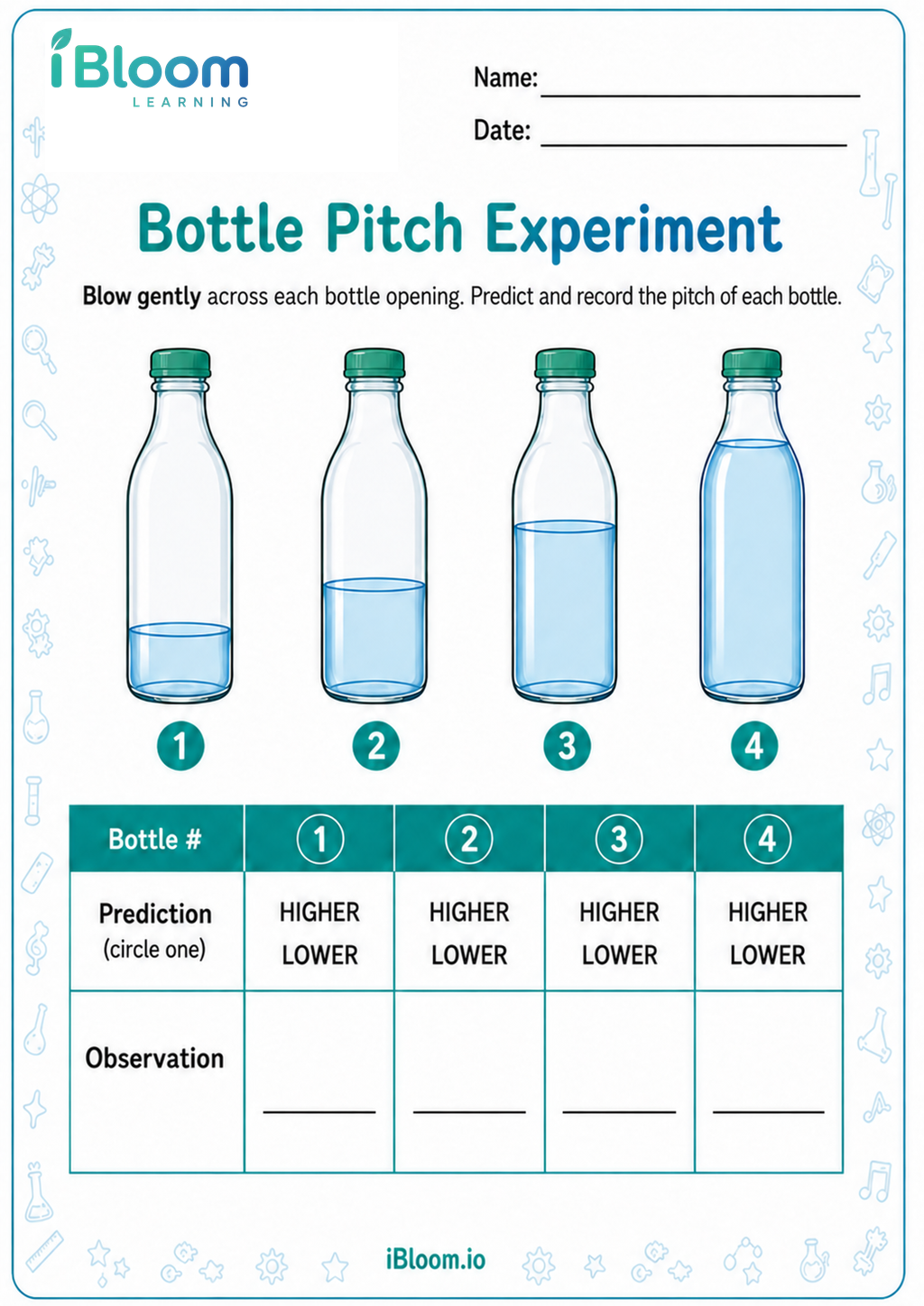 Bottle Pitch Experiment printable Class 1 worksheet