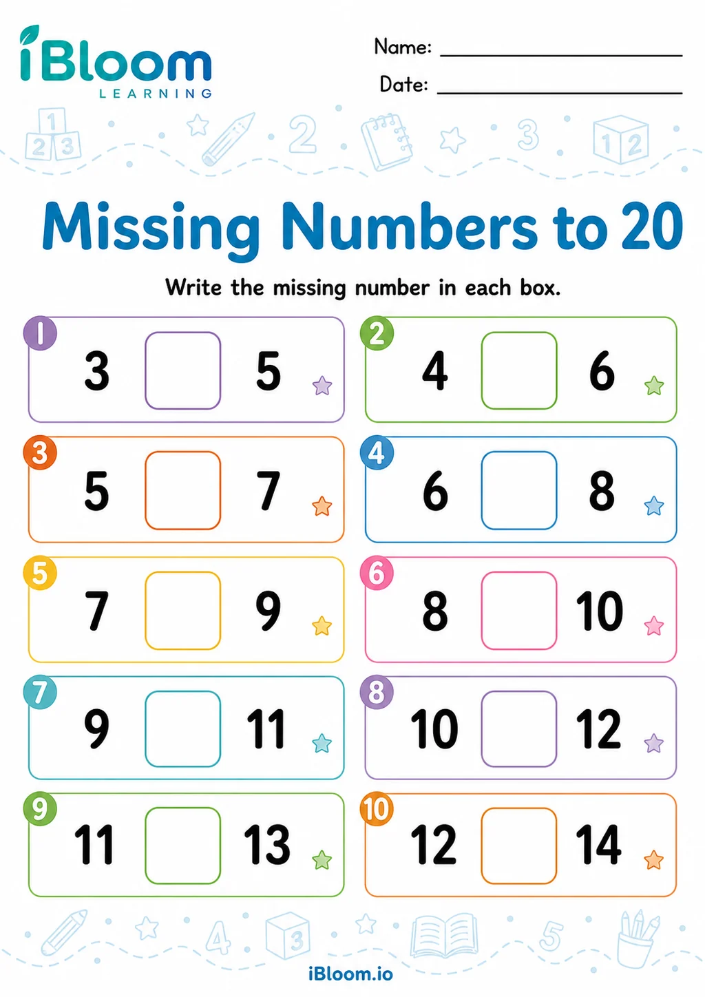 Missing Numbers to 20 printable UKG worksheet preview