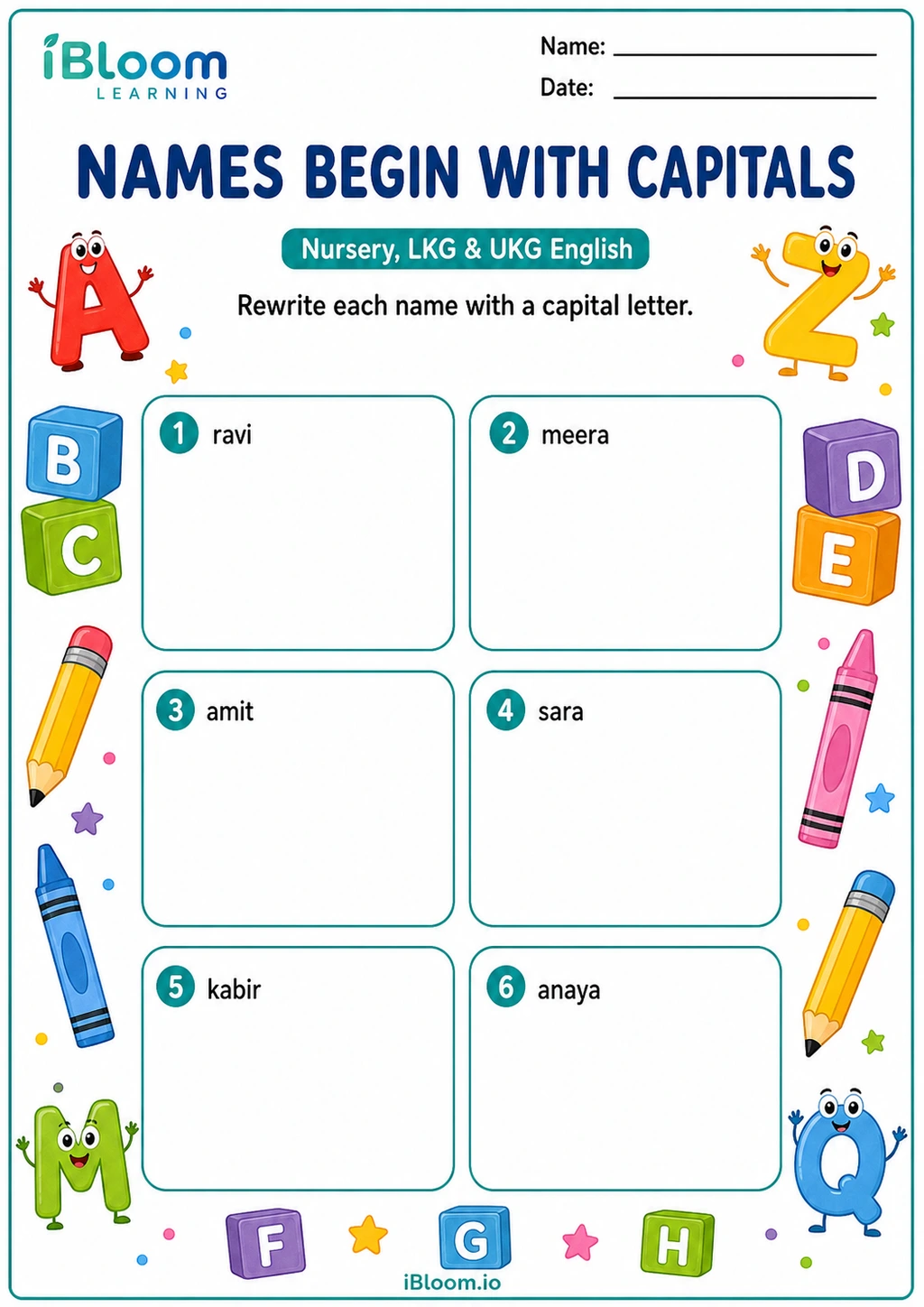 Names Begin with Capitals printable Nursery, LKG & UKG worksheet