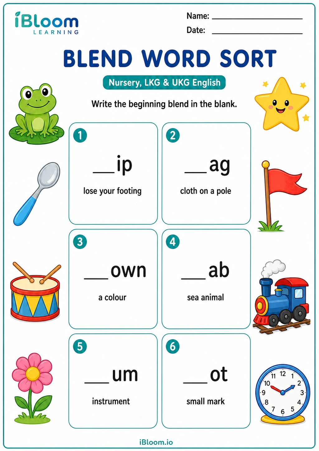 Blend Word Sort printable Nursery, LKG & UKG worksheet