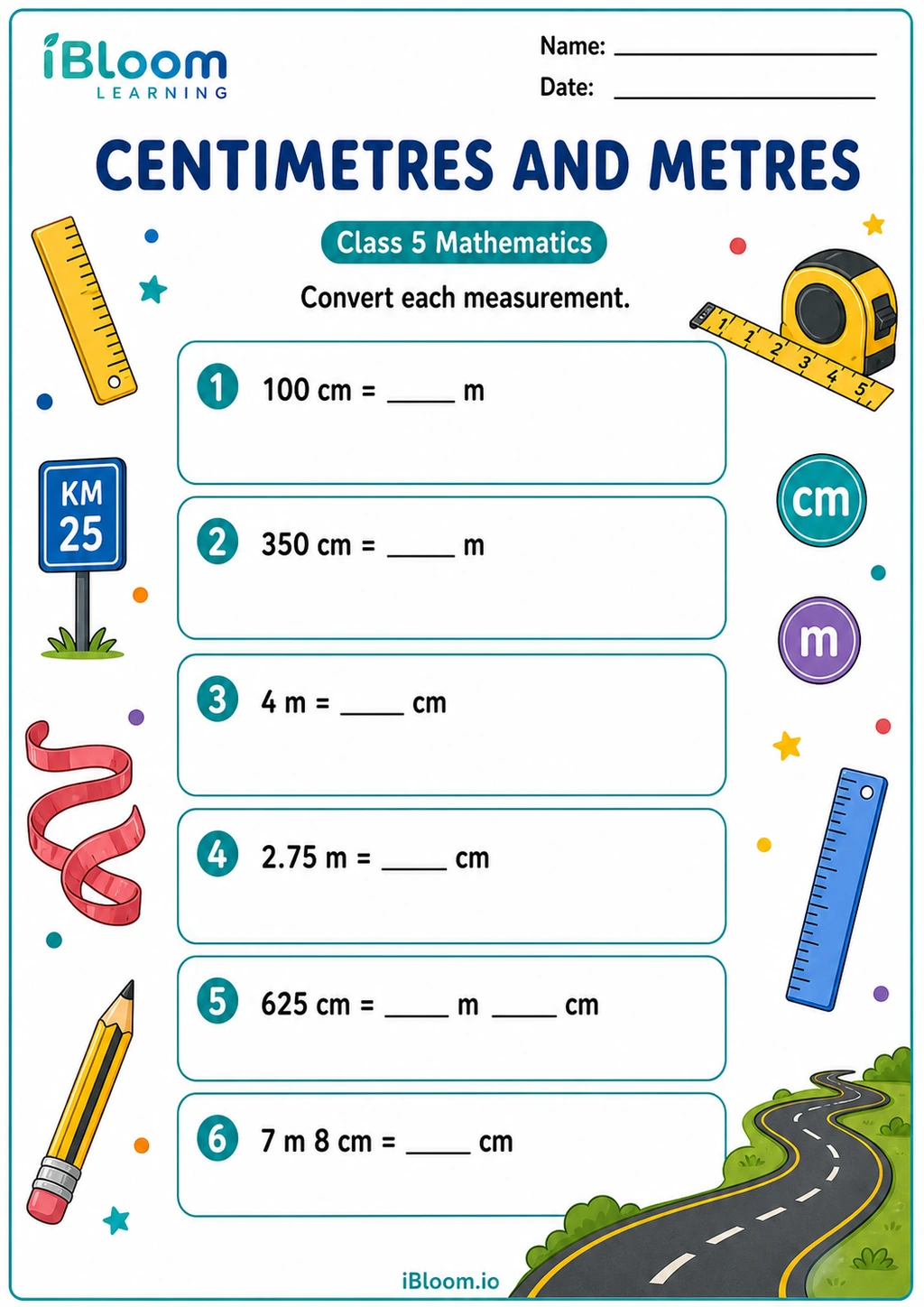 Centimetres and Metres printable Class 5 worksheet