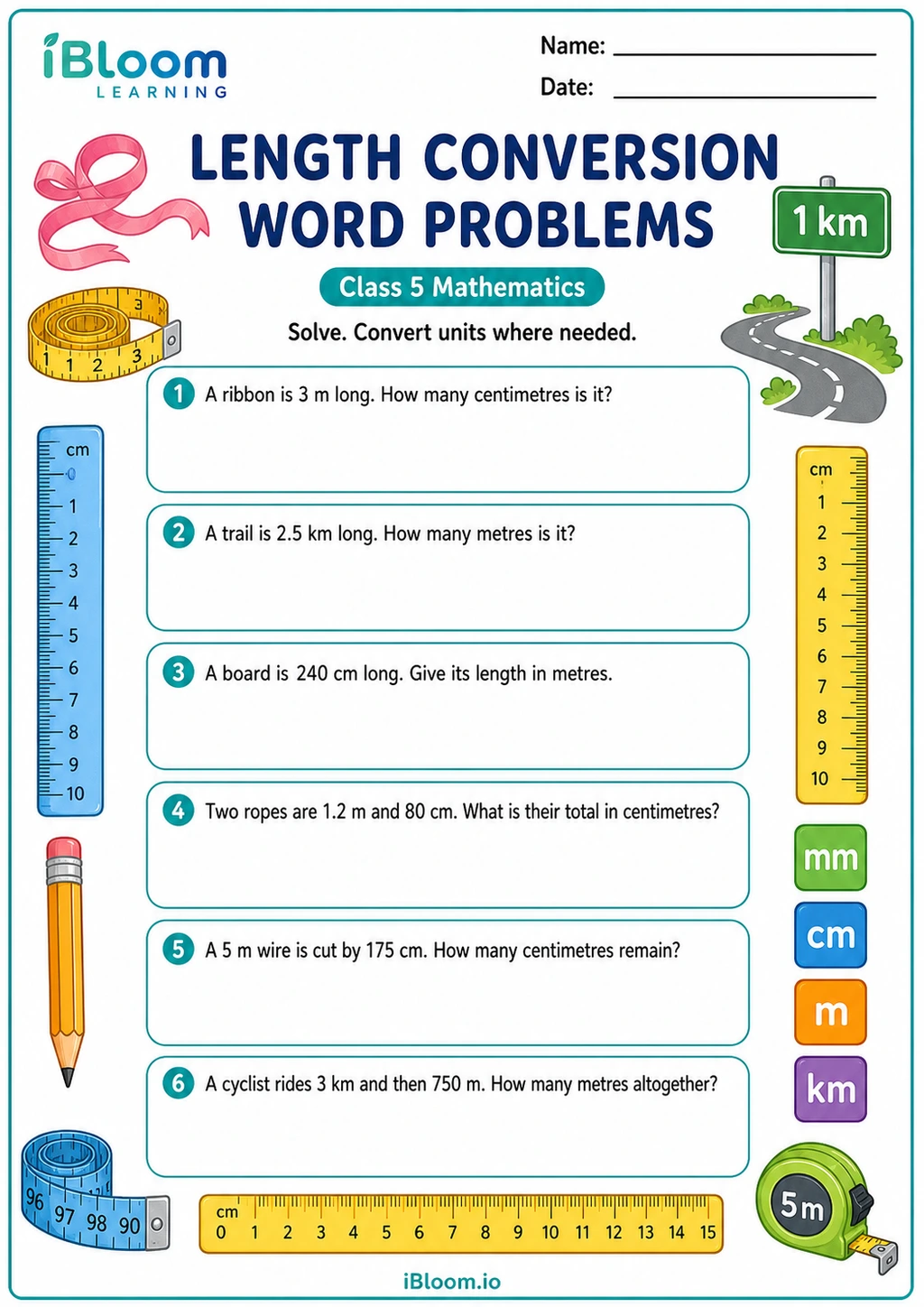 Length Conversion Word Problems printable Class 5 worksheet
