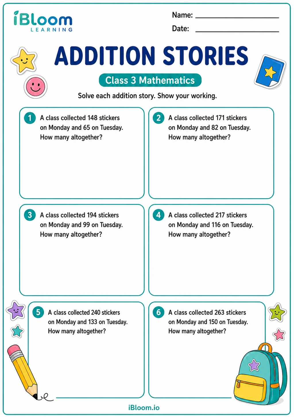 Preview of Addition Stories worksheet