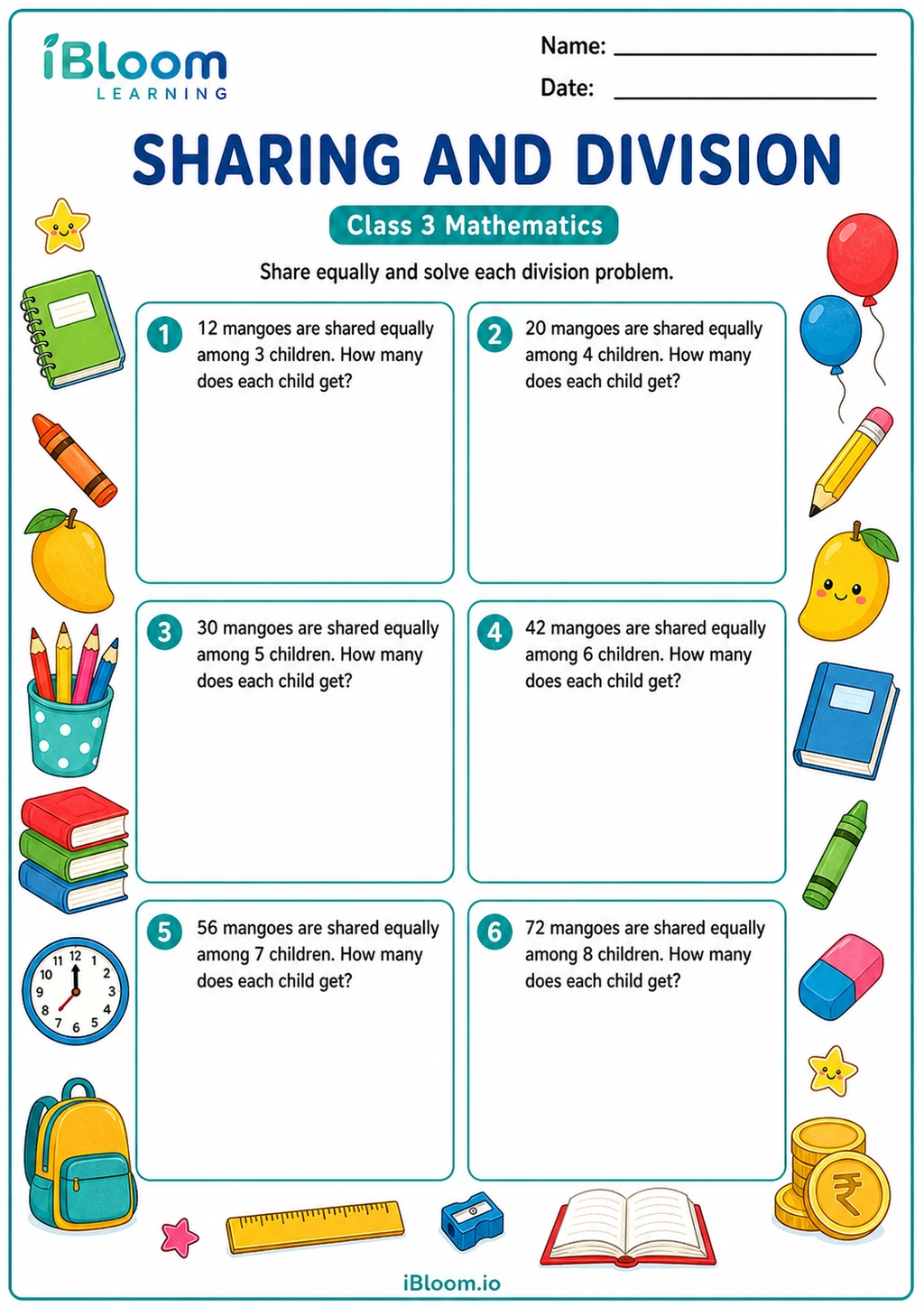 Sharing and Division printable Class 3 worksheet