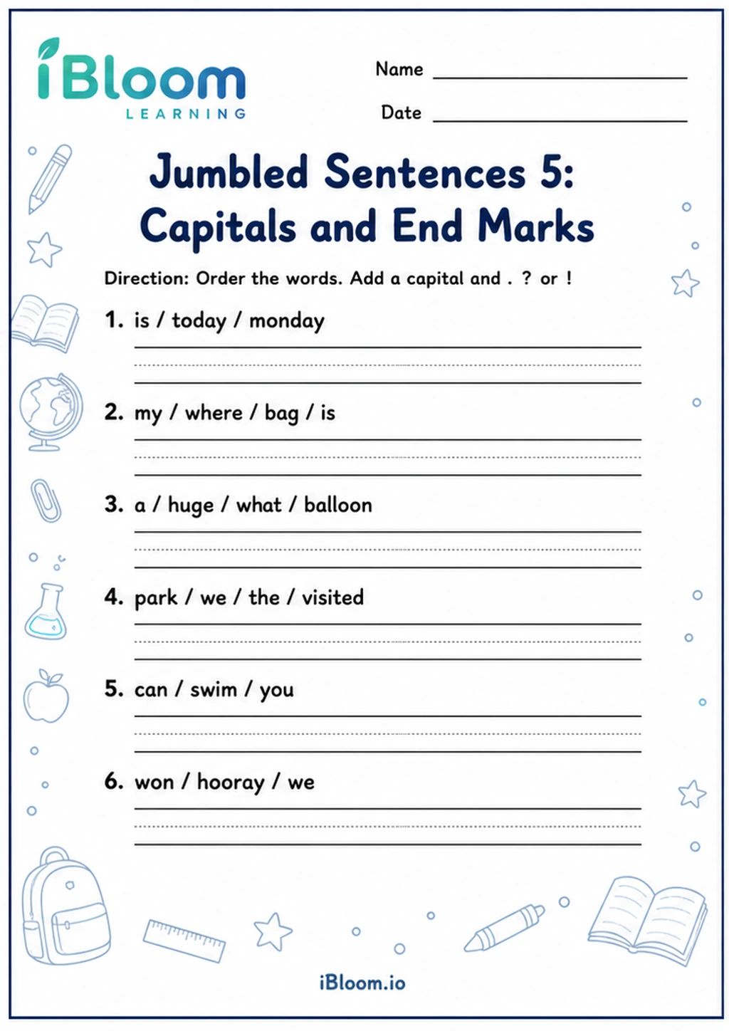 Jumbled Sentences 5: Capitals and End Marks printable Class 1 worksheet