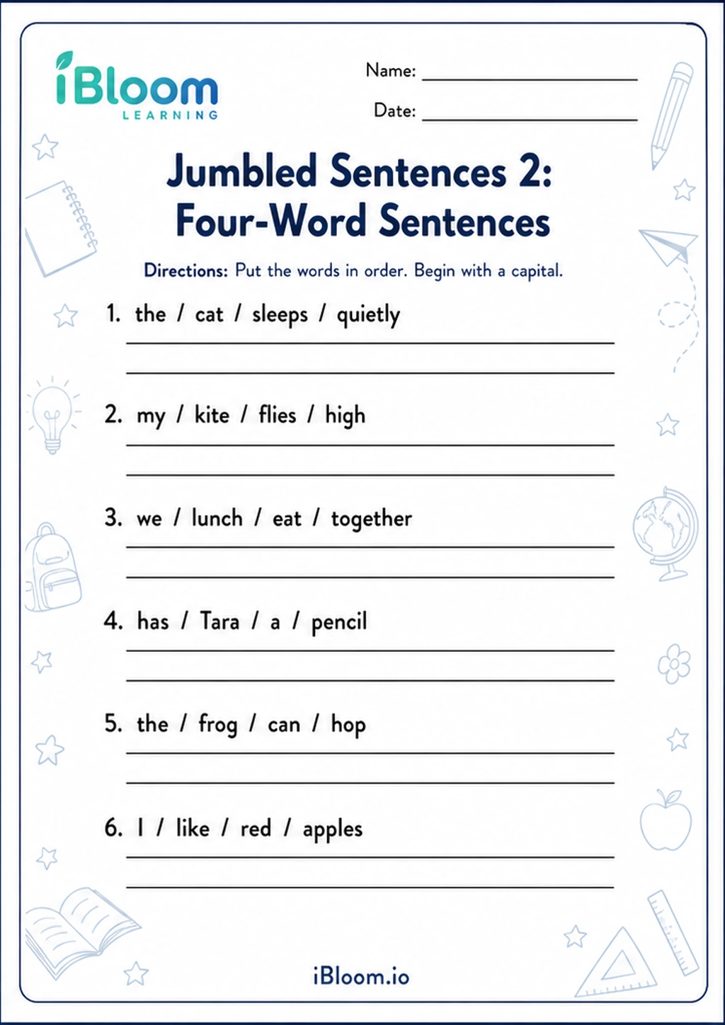 Preview of Jumbled Sentences 2: Four-Word Sentences worksheet