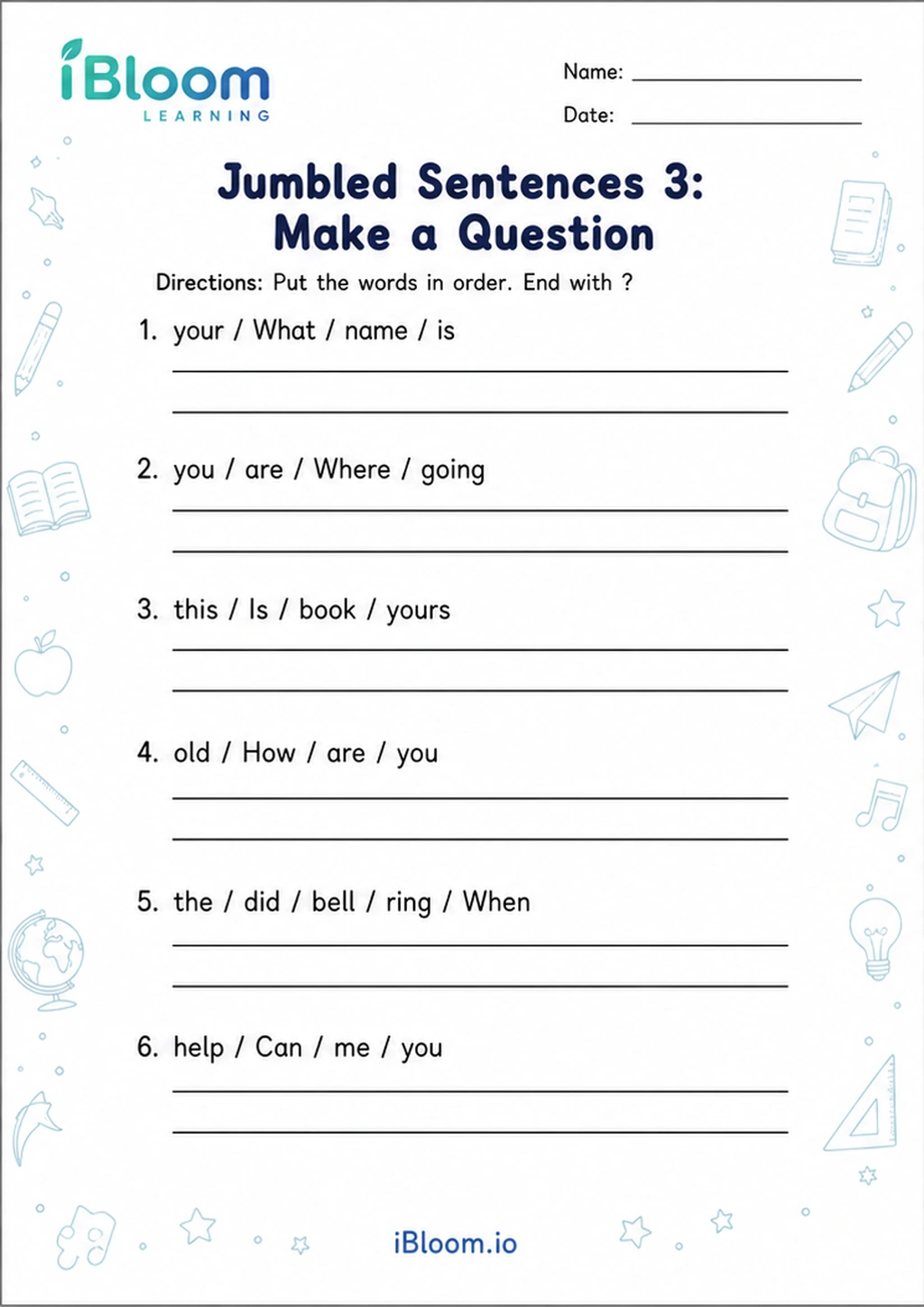Jumbled Sentences 3: Make a Question printable Class 1 worksheet