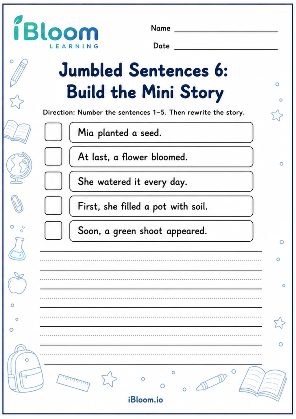 Preview of Jumbled Sentences 6: Build the Mini Story worksheet