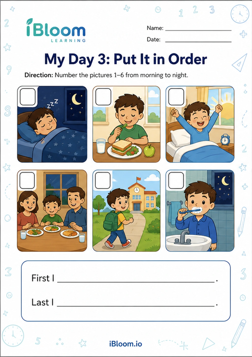 My Day 3: Put It in Order printable Class 1 worksheet