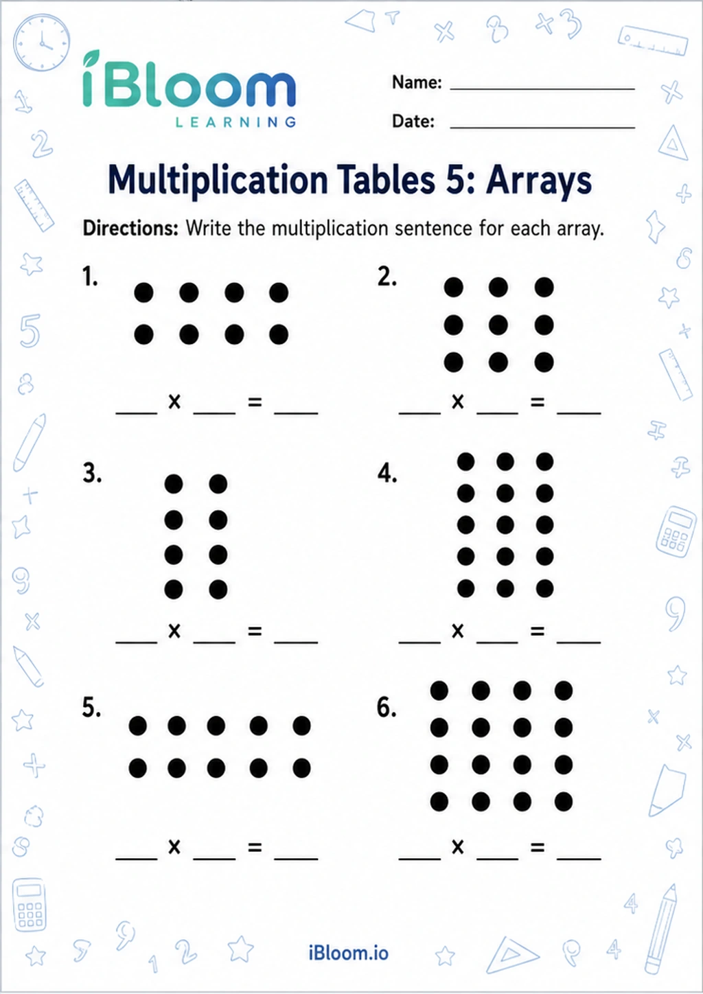 Multiplication Tables 5: Arrays printable Class 2 worksheet