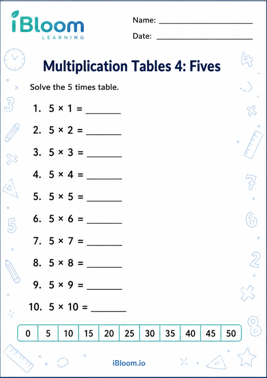Preview of Multiplication Tables 4: Fives worksheet