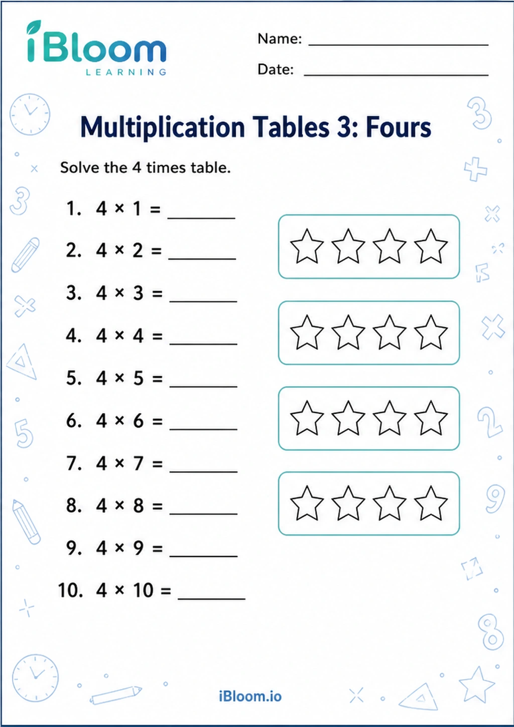 Multiplication Tables 3: Fours printable Class 2 worksheet