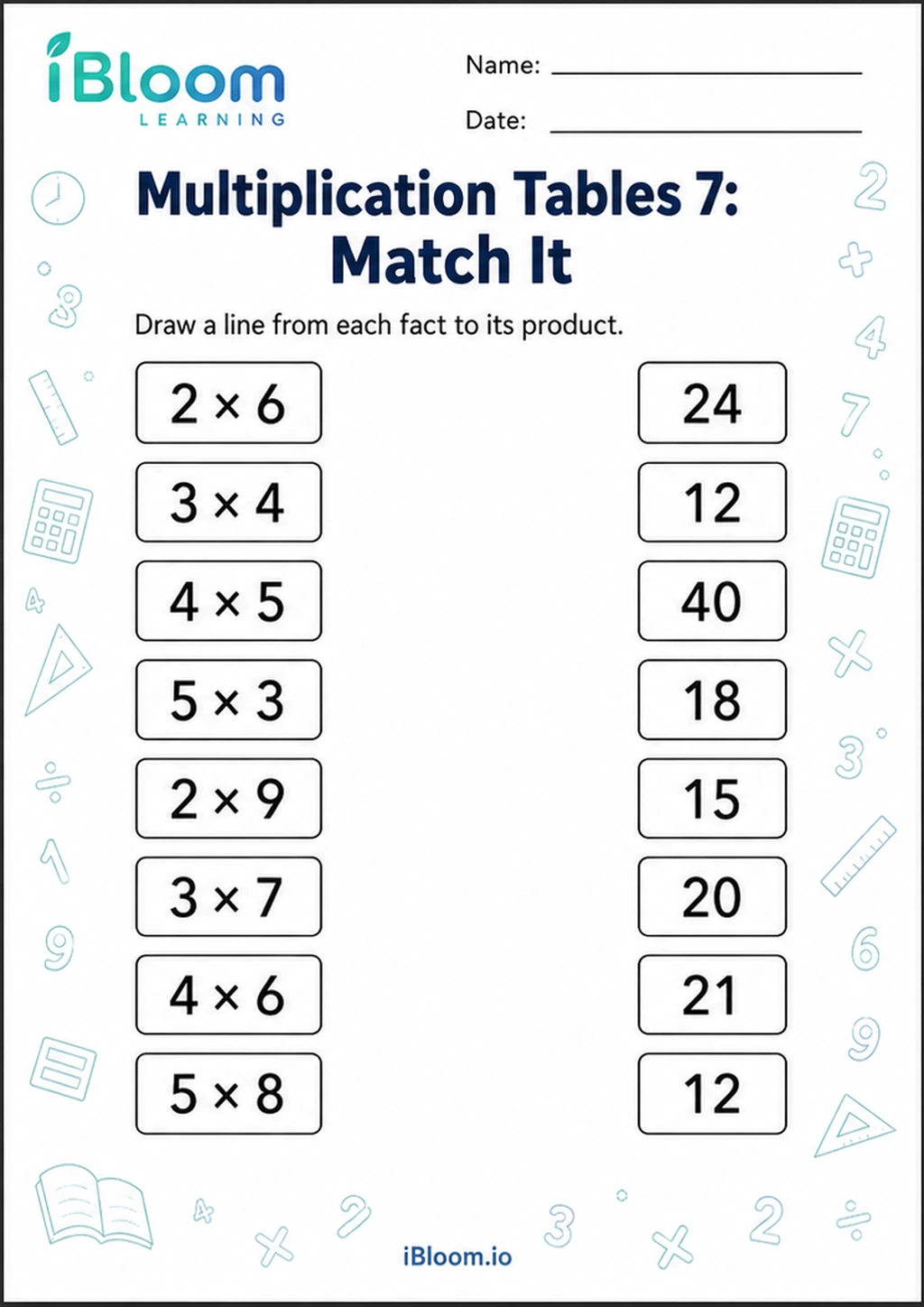 Preview page 1 of Multiplication Tables 7: Match It